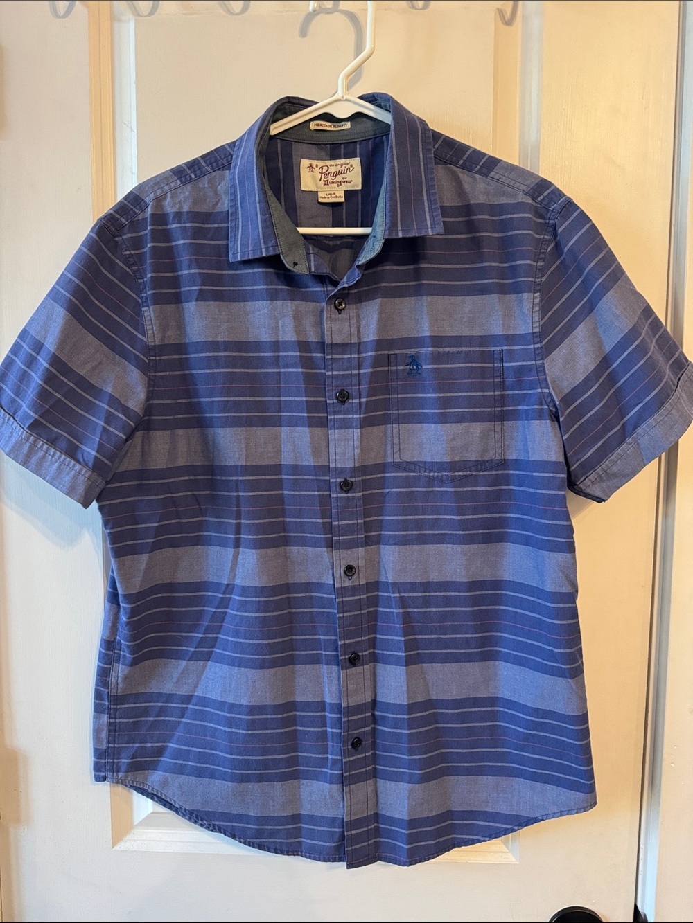 Original Penguin Heritage Slim Fit Blue Striped Short Sleeve Button-Down Shirt